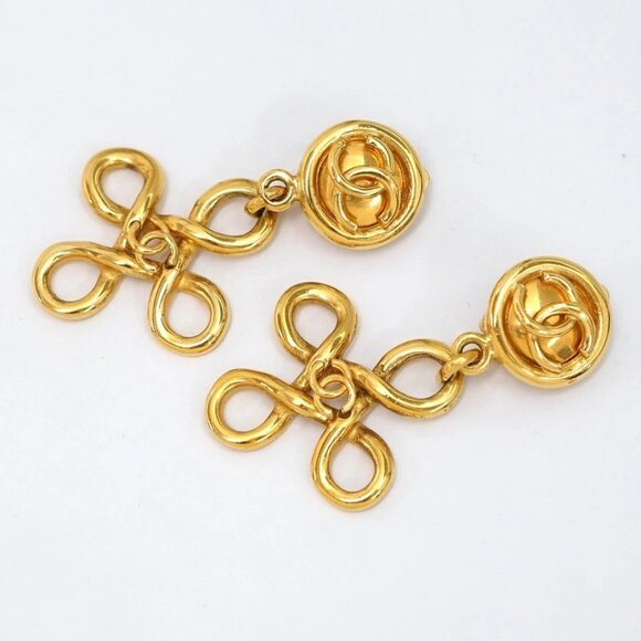 CHANEL CC Logos Cross Dangle Earrings Gold Tone - Picture 3 of 15